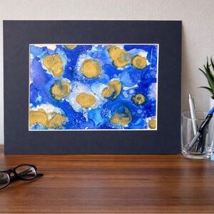 Hand crafted original one of a kind shades of blue alcohol ink painting